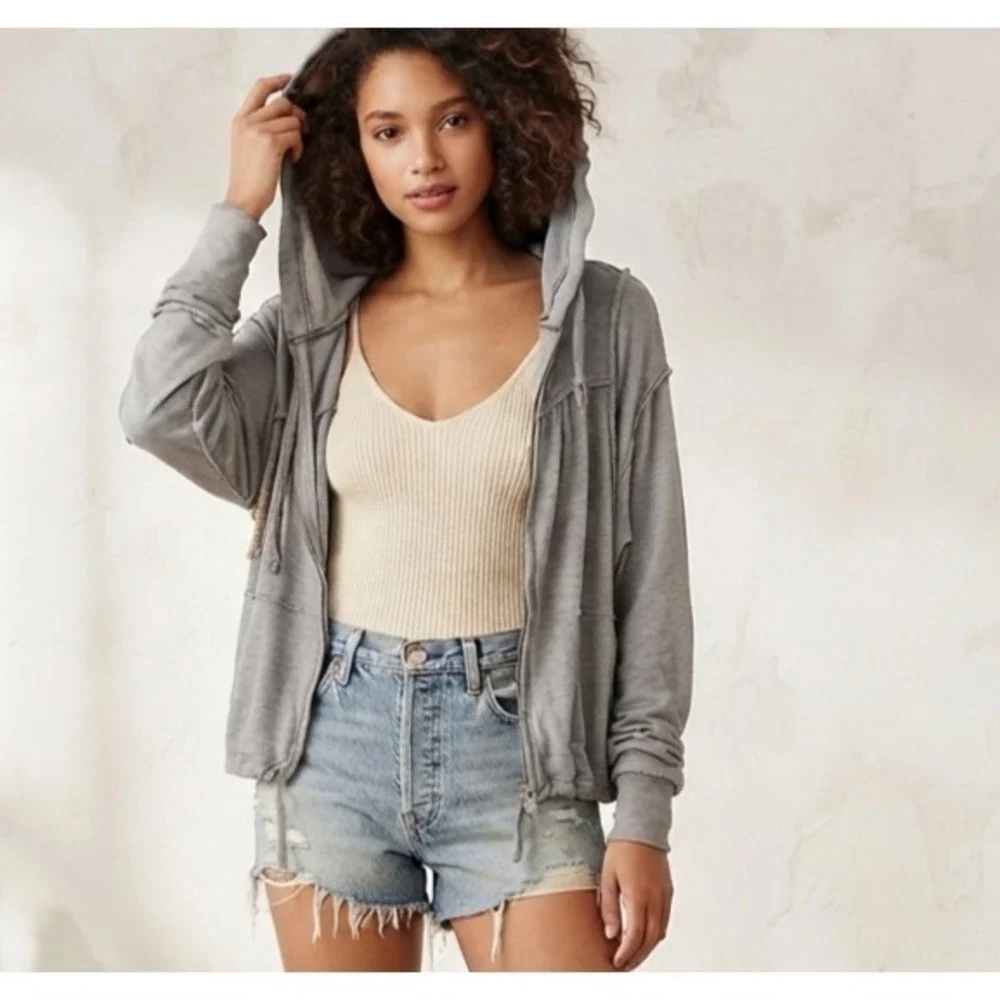 FP Free People Movement Hoodie Womens Sz S Full Zip Slouchy Full Zip Gray Boho